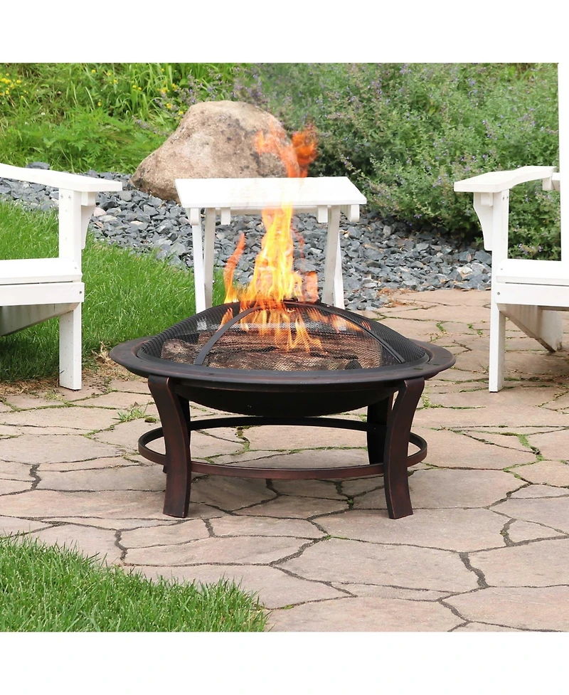 Outdoor Portable Camping or Backyard Elevated Round Fire Pit Bowl with Stand, Spark Screen, Wood Grate, and Log Poker - 29" - Bronze