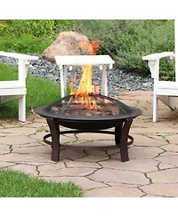 Outdoor Portable Camping or Backyard Elevated Round Fire Pit Bowl with Stand, Spark Screen, Wood Grate, and Log Poker - 29" - Bronze
