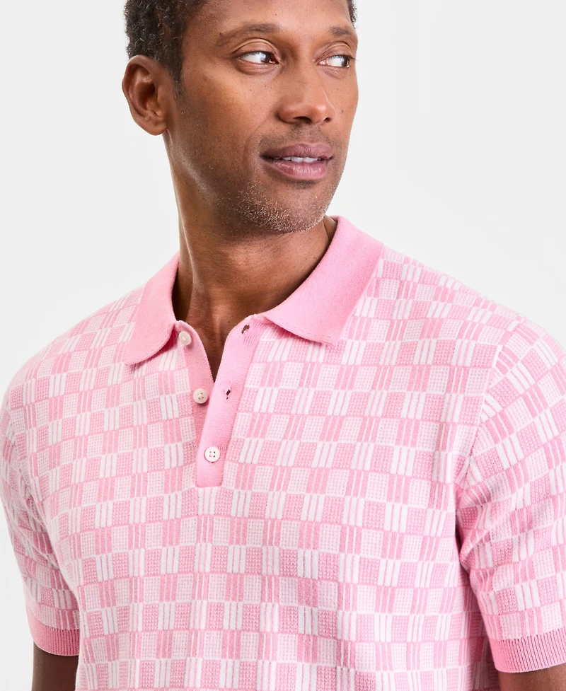 Club Room Men's Geometric Jacquard Short-Sleeve Sweater Polo Shirt, Macy's Exclusive - Tedd Box Geo Knit