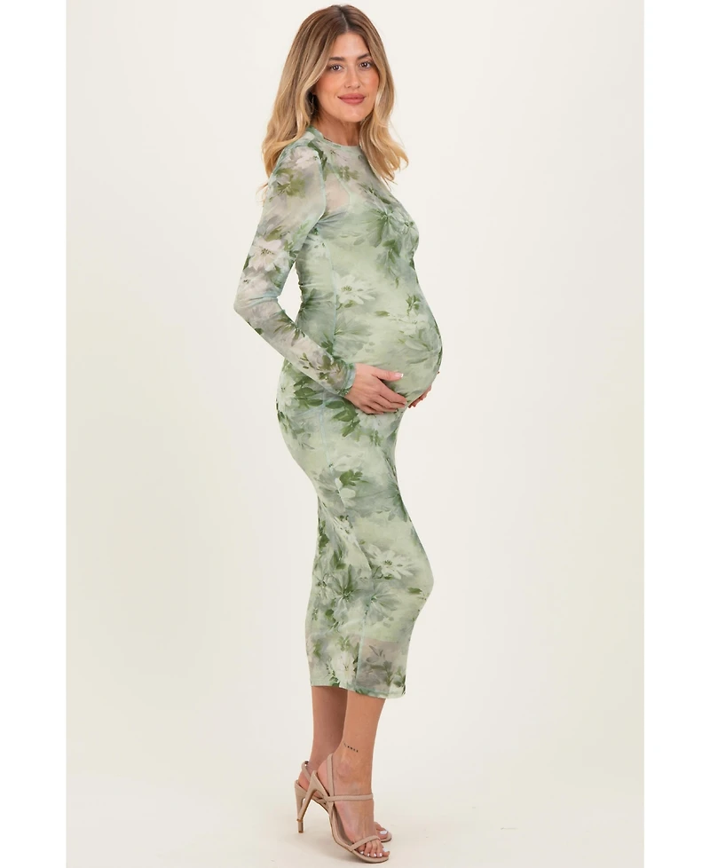 Pinkblush Maternity Light Olive Floral Mesh Overlay Maxi Dress