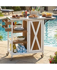 sumyeg Foldable Outdoor Kitchen Island Cart with Lockable Wheels, Storage Cabinet and Towel Rack