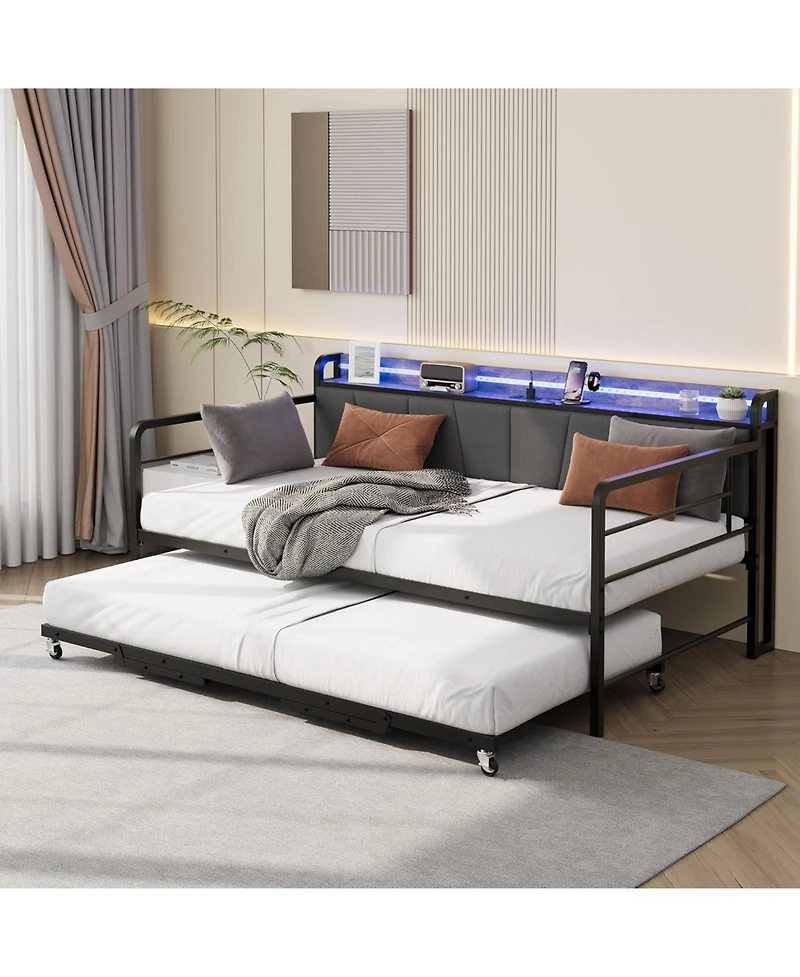 gaomon Twin Daybed with Trundle and Led Lights, Metal Frame with Upholstered Headboard and Charging Station