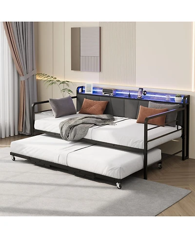 gaomon Twin Daybed with Trundle and Led Lights, Metal Frame with Upholstered Headboard and Charging Station