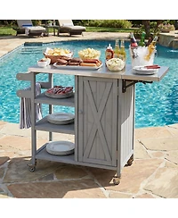 sumyeg Foldable Outdoor Kitchen Island Cart with Lockable Wheels, Storage Cabinet and Towel Rack