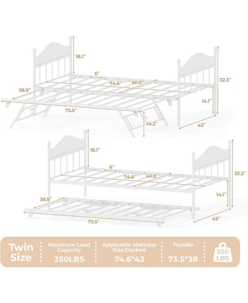 gaomon Twin Metal Daybed with Foldable Trundle, Space-Saving Sofa Bed with Heavy-Duty Steel Slats
