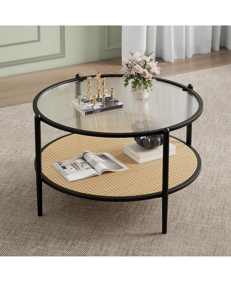 gaomon 30" 2-Tier Rattan Coffee Table with Water-Wave Glass