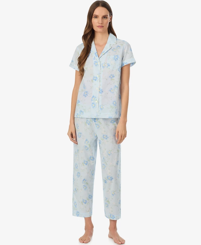 Lauren Ralph Women's Notch Collar Top and Cropped Pajama Pants, 2-Piece Set