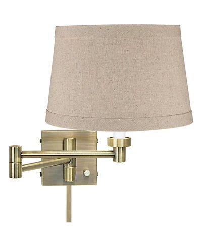 Barnes and Ivy Modern Swing Arm Wall Lamp with Cord Cover Antique Brass Plug-In Light Fixture Linen Drum Shade for Bedroom