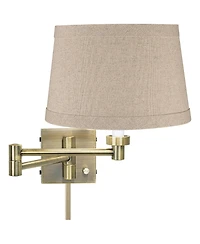 Barnes and Ivy Modern Swing Arm Wall Lamp with Cord Cover Antique Brass Plug-In Light Fixture Linen Drum Shade for Bedroom