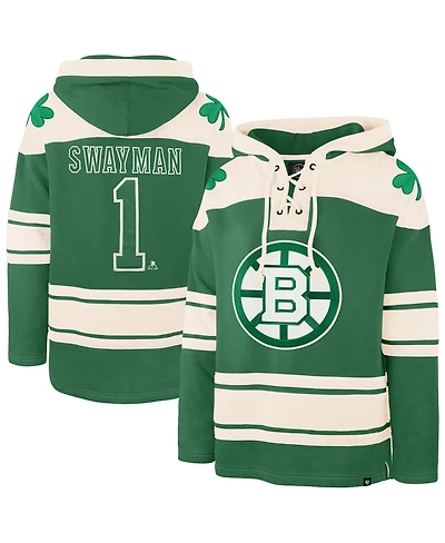'47 Brand Men's Jeremy Swayman Kelly Green Boston Bruins St. Patrick's Day Player Name Number Lacer Pullover Hoodie