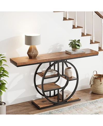 gaomon 55" Industrial Narrow Console Sofa Table with O-Shaped Metal Frame and 5-Tier Storage