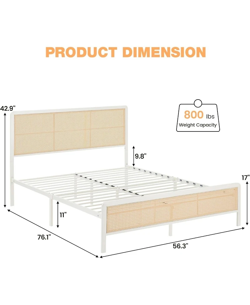 gaomon Full Rattan Bed Frame with Headboard, Boho Cane Platform with Steel Slats Support,