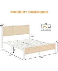 gaomon Full Rattan Bed Frame with Headboard, Boho Cane Platform with Steel Slats Support,