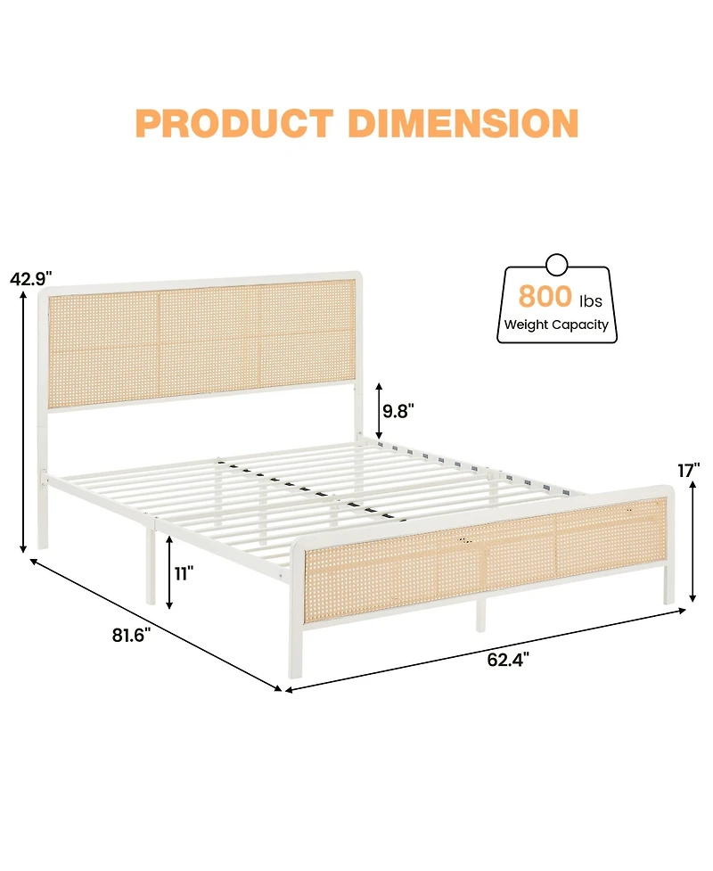 gaomon Queen Rattan Bed Frame with Headboard, Boho Cane Platform with Steel Slats Support
