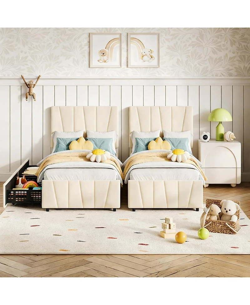 gaomon Twin Upholstered Bed Frame with Adjustable Headboard and 2 Drawers, Velvet Tufted Platform