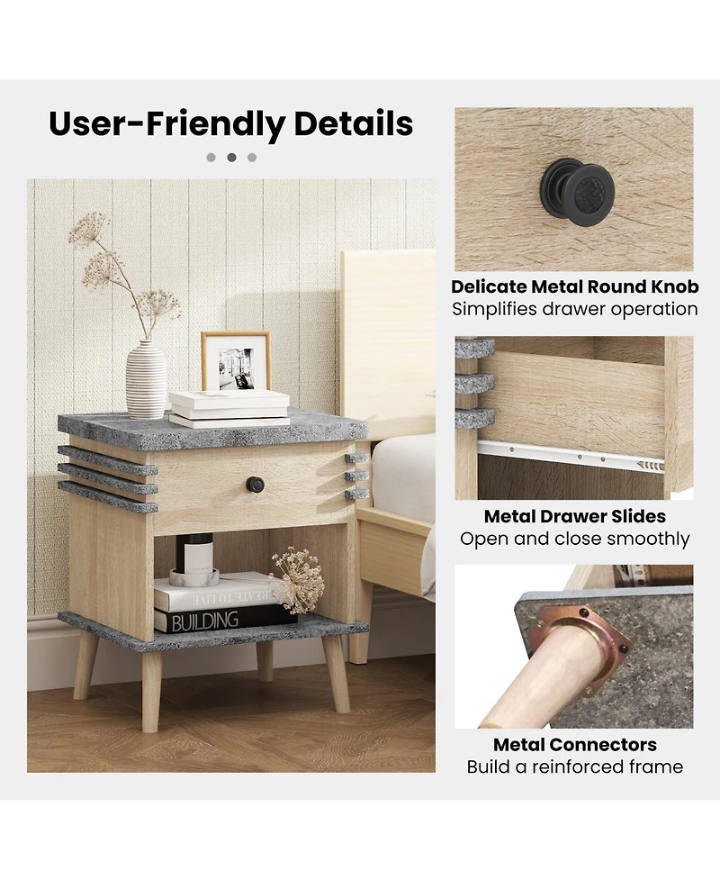 Gouun 3-Tier Bedside Table with Faux Marble Top, Drawer and Open Shelf