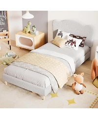 gaomon Twin Kids Upholstered Bed Frame with Scalloped Headboard, Sherpa Platform Design