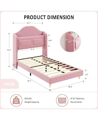 gaomon Twin Velvet Princess Bed Frame with Wingback and Led Bookcase Headboard, Kids Design