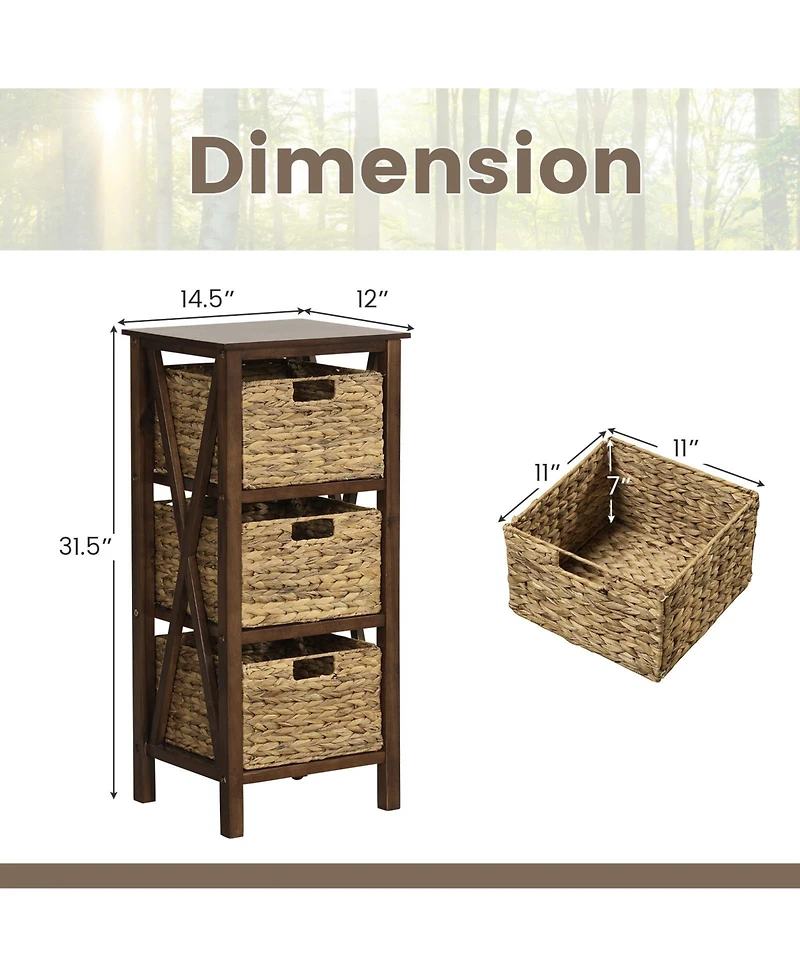 Gouun 3-Tier Narrow Nightstand with 2 Woven Baskets and X-Frame Design