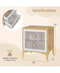 Gouun Marble-Motif Nightstand with 2 Pull-Out Drawers and Metal Legs