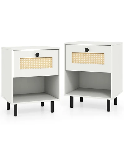 Gouun Rattan Nightstand Set of 2 with Woven Drawer and Open Shelf, Boho End Table