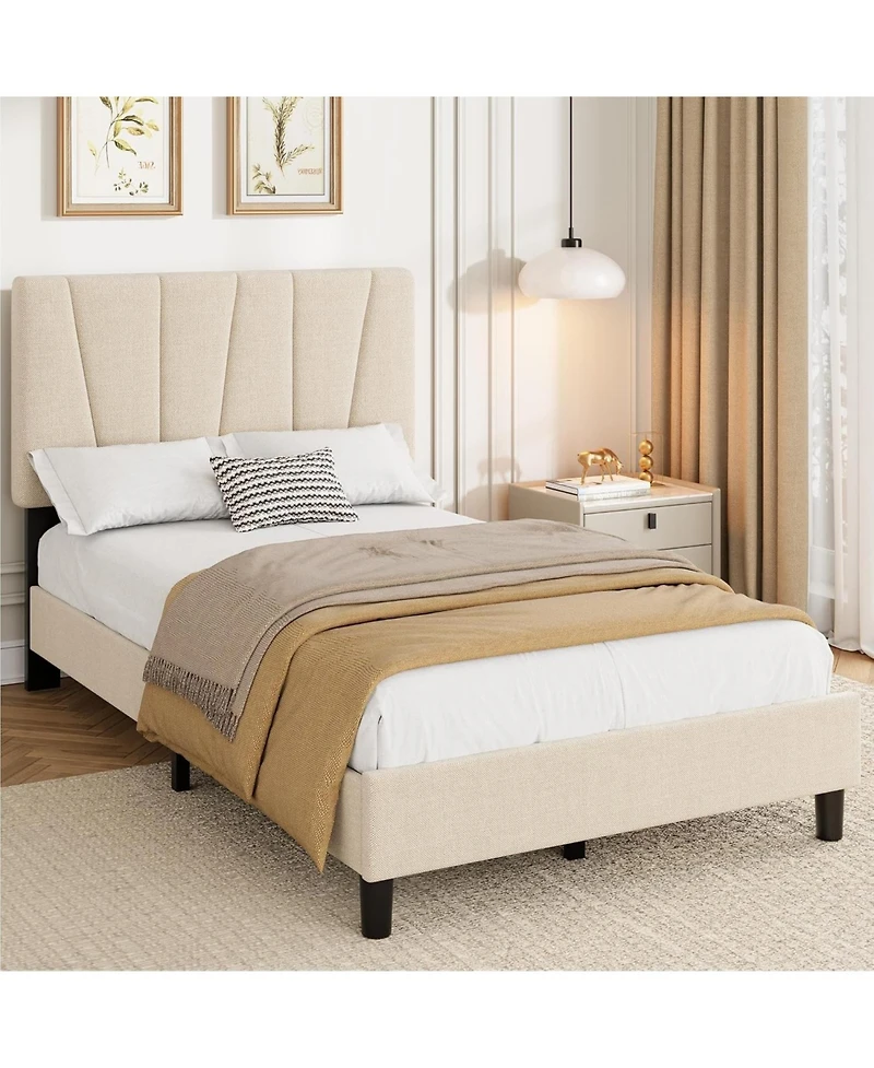 gaomon Twin Upholstered Bed Frame with Adjustable Headboard, Linen Platform with Wood Slats