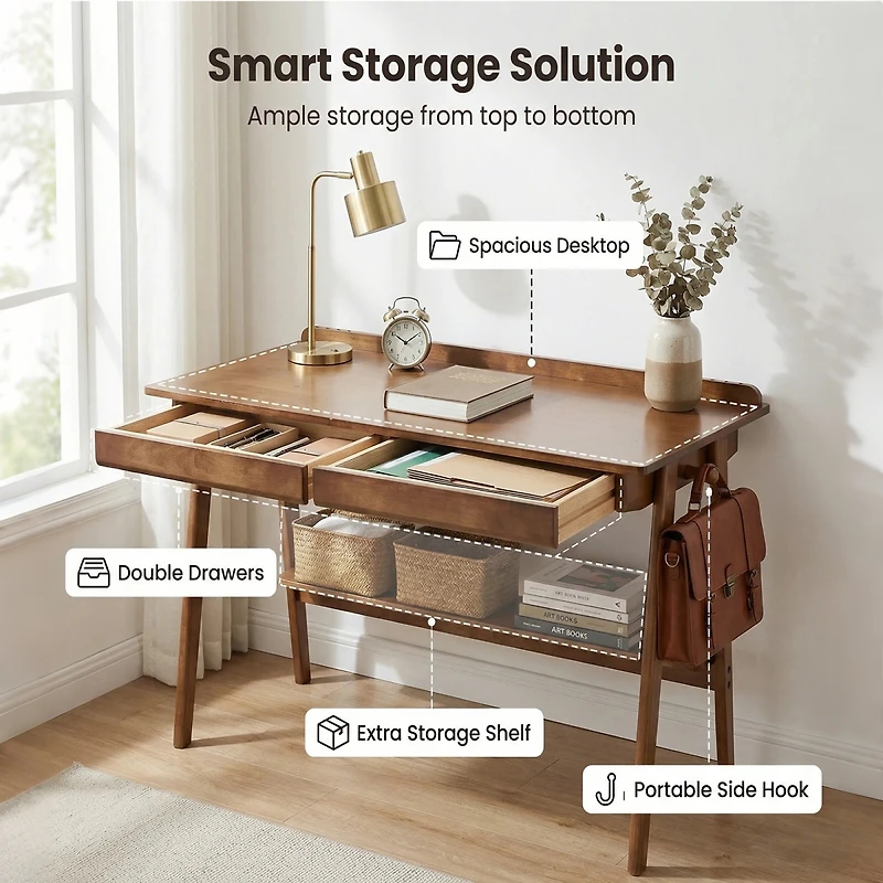 Streamdale Furniture Walnut Mid-Century Modern Writing Desk with Storage