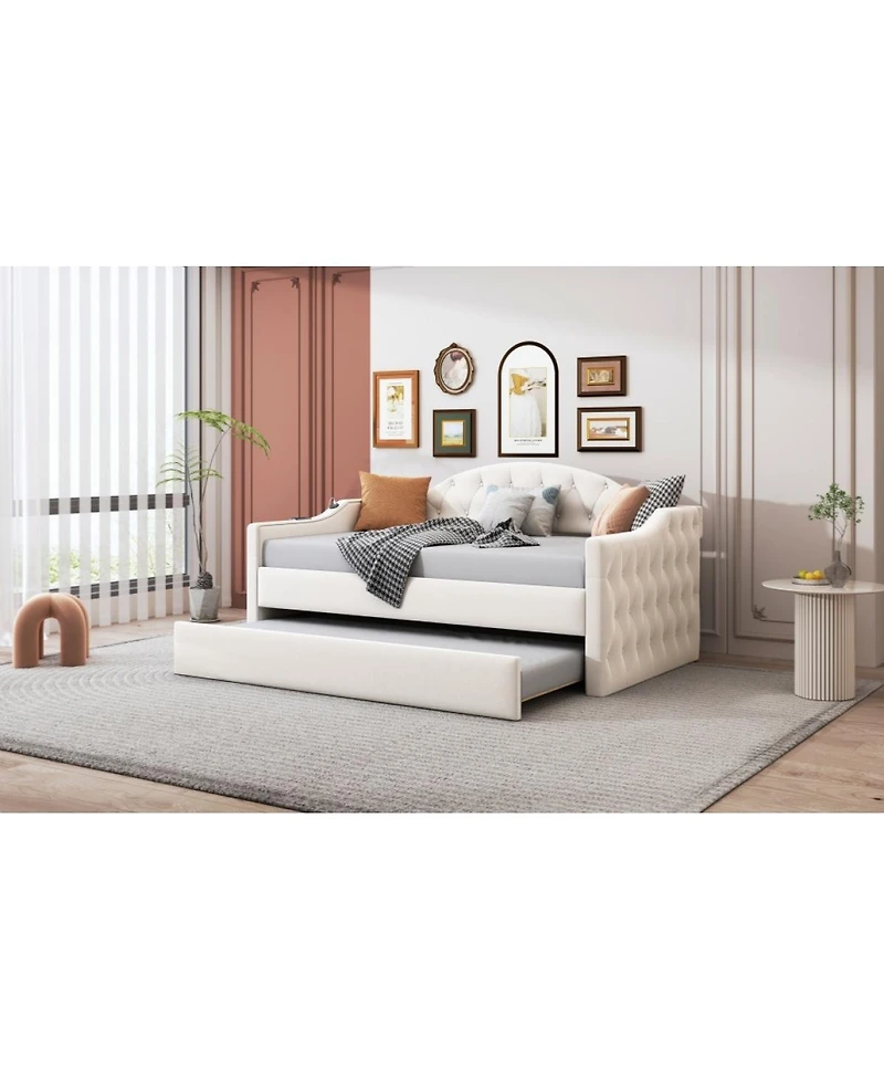 Streamdale Furniture Velvet Twin Daybed w/Trundle and Usb Charging
