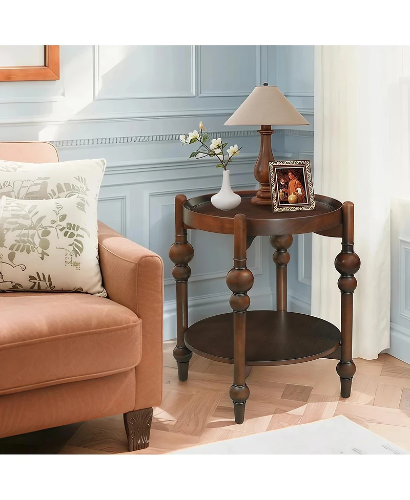 Streamdale Furniture Classic Solid Wood Round Side Table with Lower Shelf