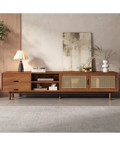 Rainsken Tv Stand for TVs up to 85 Inch, Media Console Table with 2 Drawers and Rattan Front Panels, Entertainment Center for Living Room