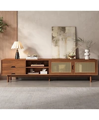 Rainsken Tv Stand for TVs up to 85 Inch, Media Console Table with 2 Drawers and Rattan Front Panels, Entertainment Center for Living Room