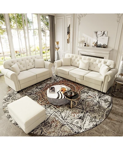 Streamdale Furniture Velvet Nailhead Rolled Arm Sofa with Ottoman