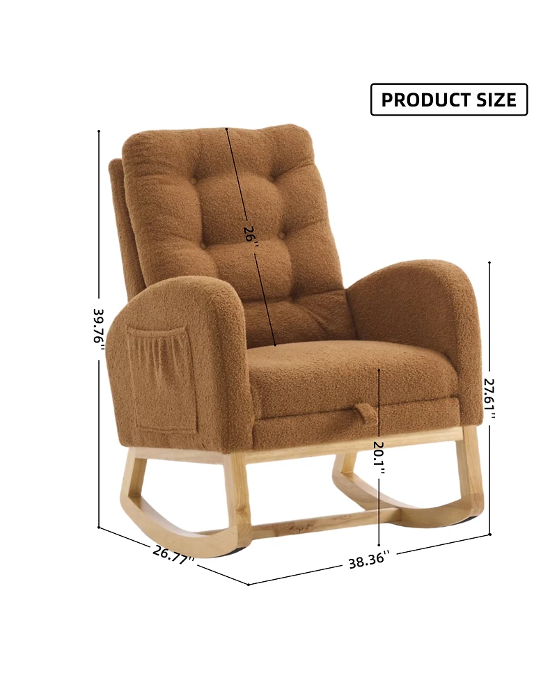 Rainsken Teddy Upholstered Recliner Rocking Chair, Soft Plush Accent Chair with Side Pocket and Retractable Footstool for Living Room, Balcony