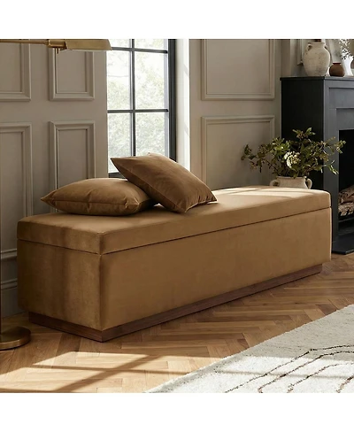 Maison Boucle 60" Velvet Storage Bench Ottoman with Lift-Top and Walnut Base