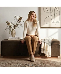 Maison Boucle 60" Velvet Storage Bench Ottoman with Lift-Top and Walnut Base