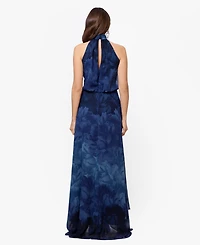 Betsy & Adam Women's Long Chiffon Print Halter Neck Dress