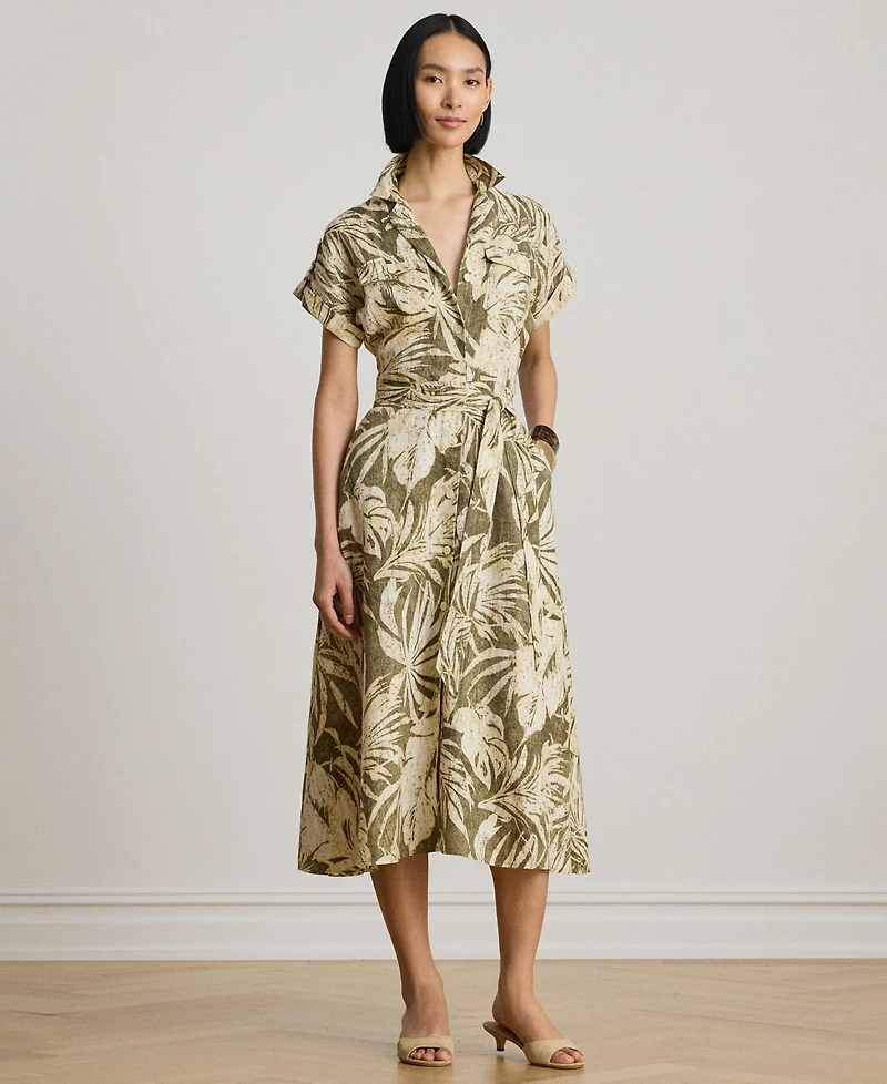 Lauren Ralph Women's Palm-Frond-Print Camp Collar Shirt Dress