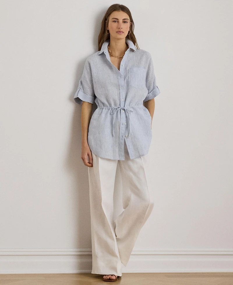 Lauren Ralph Women's Point Collar Striped Roll-Tab-Sleeve Tunic Shirt