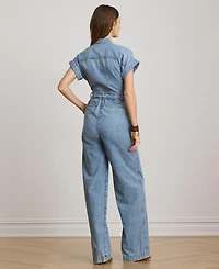 Lauren Ralph Women's Spread Collar Belted Denim Wide-Leg Jumpsuit