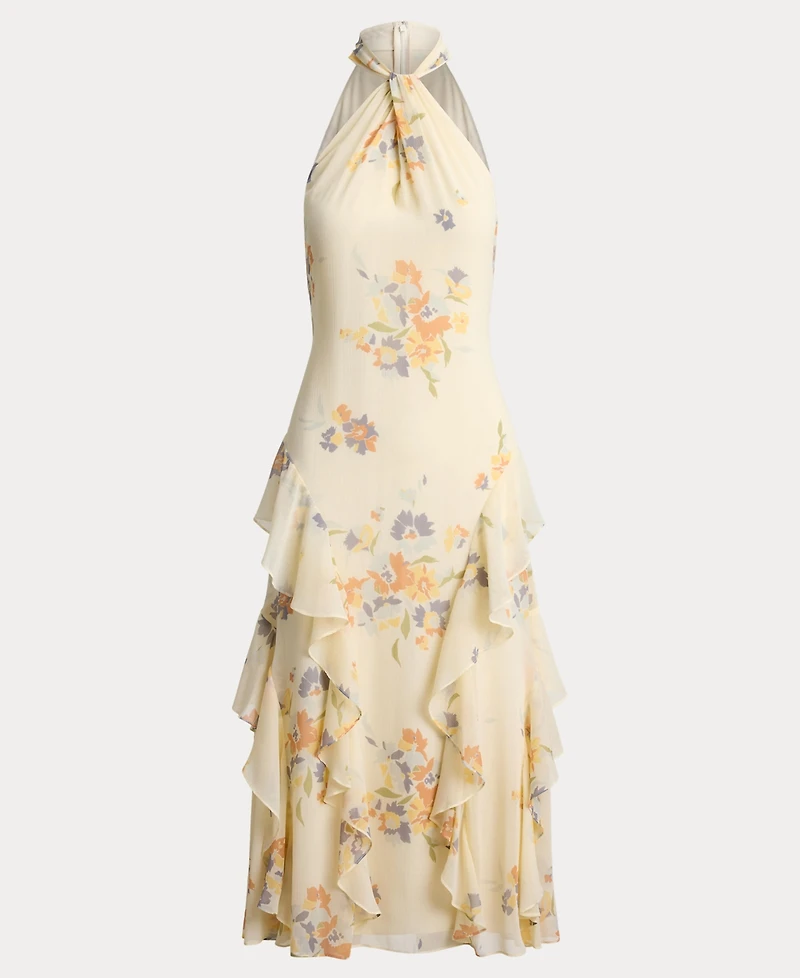 Lauren Ralph Floral Ruffle-Trim Halter Cocktail Dress