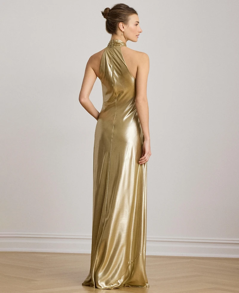 Lauren Ralph Metallic Chiffon Halter Gown