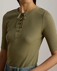 Lauren Ralph Women's Crewneck Lace-Up Ribbed Elbow-Sleeve T-Shirt