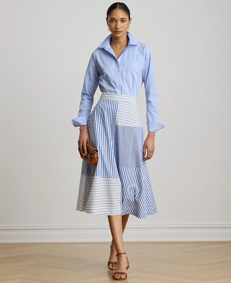 Lauren Ralph Women's Patchwork Striped Broadcloth Midi A-Line Skirt