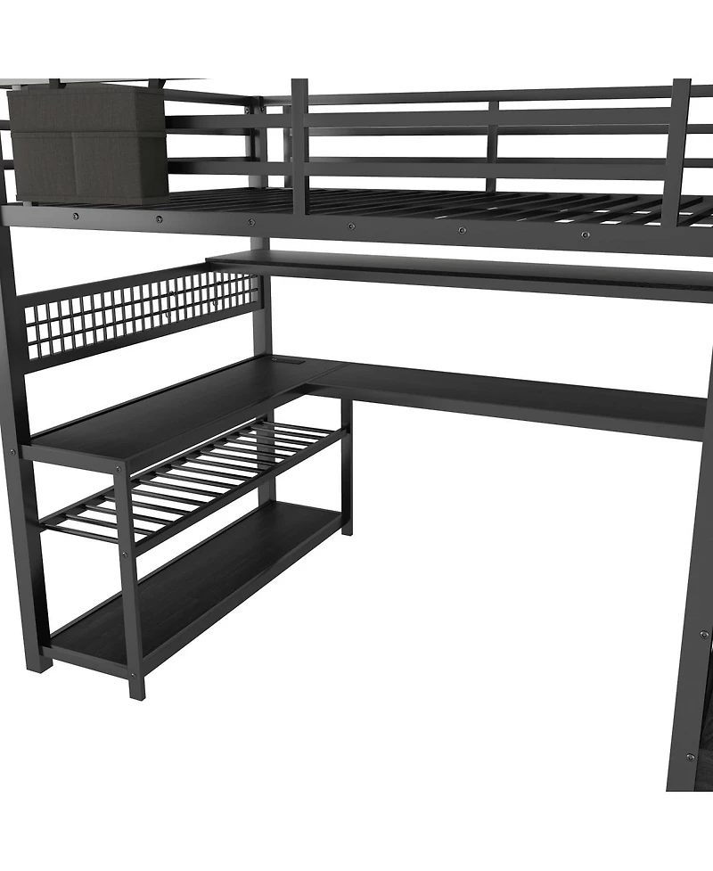 Streamdale Furniture Metal Loft Bed With Stairs, Desk, Storage, Lights