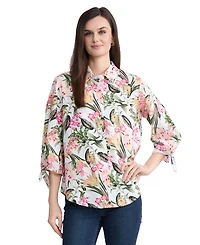 Jones New York Women's Collared Printed Tie-Sleeve Shirt