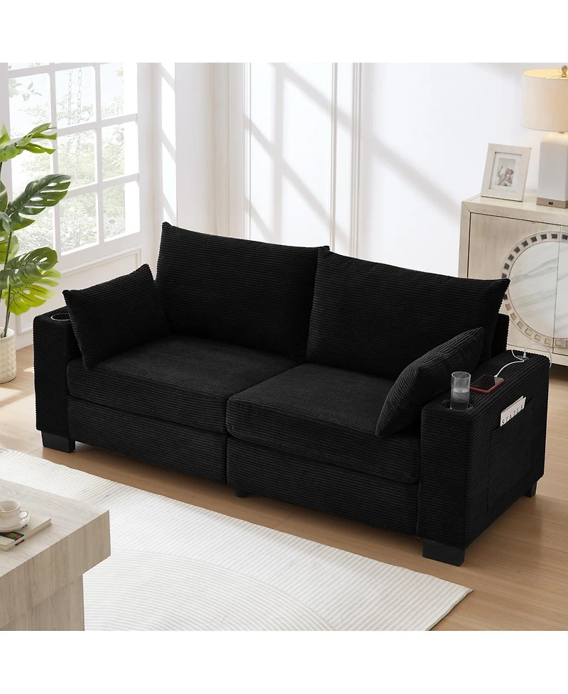 Streamdale Furniture 78 inch Corduroy Sofa with Usb, Cup Holders, Side Pocket