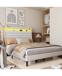 gaomon Led Bed Frame with Charging Station, Wooden Platform Upholstered Headboard and Slat Support, No Noise, Box