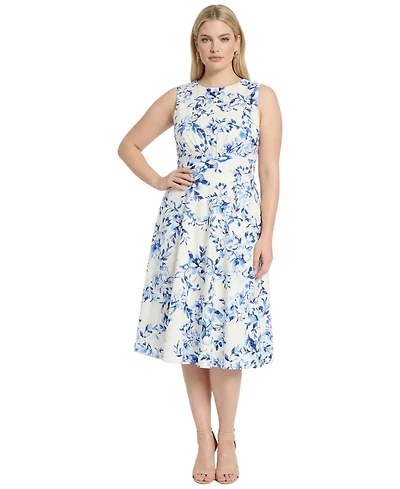 London Times Plus Printed Jewel Neck Eyelet Midi Dress