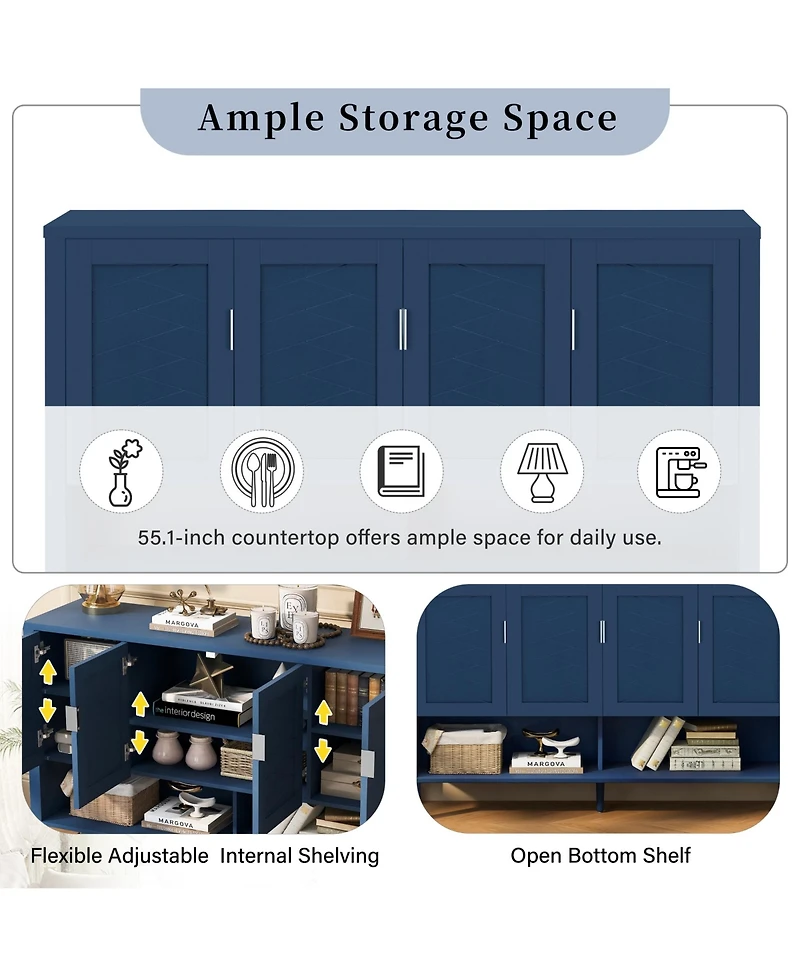Rainsken 55" Modern Wood 4 Door Buffet Sideboard with Open Shelf