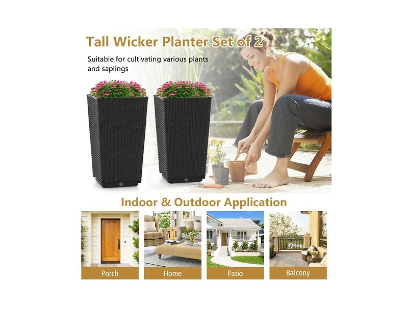Lucky One Outdoor Wicker Planter Set of 2 with Drainage Hole, Tall Flower Pots